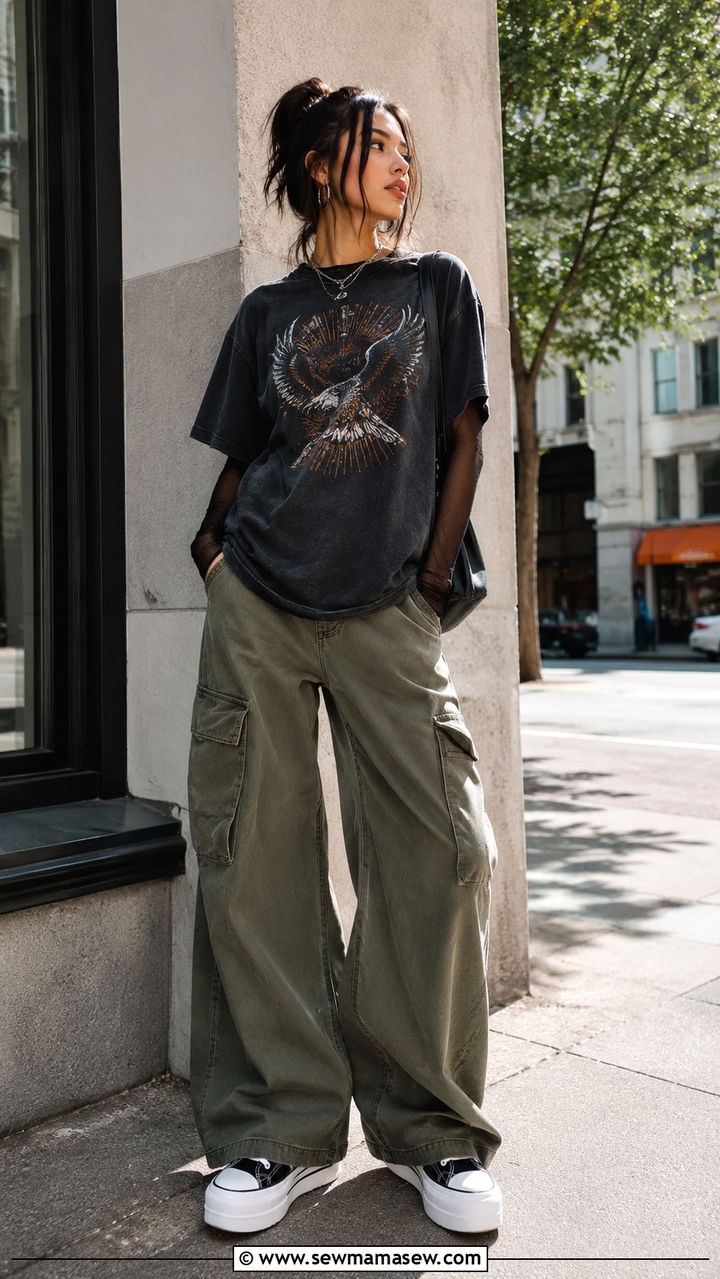Mesh Long Sleeve Top Under A Graphic Tee - 30 edgy outfits for women