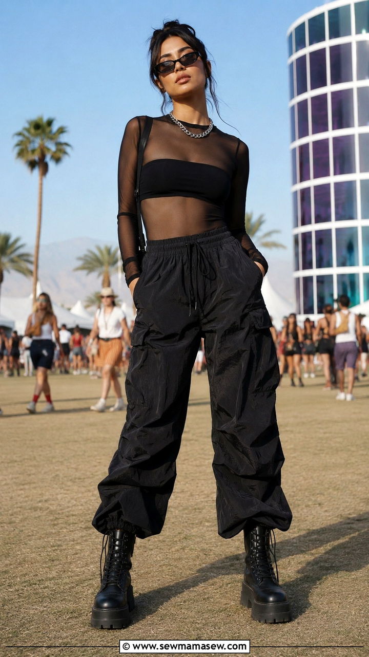 Mesh Long Sleeve Top With Bandeau and Parachute Pants - 30 casual Coachella outfits