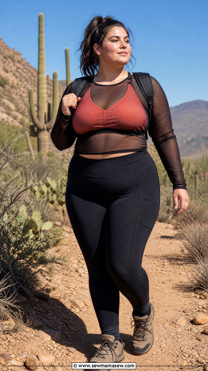 Mesh Long Sleeve Top over a Bold Sports Bra with Trail Leggings - 25 Hiking outfit ideas plus size