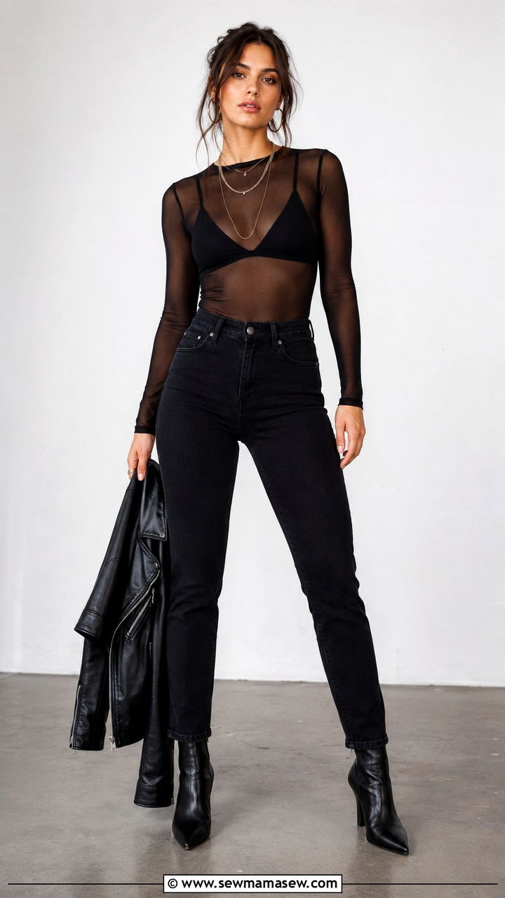 Mesh Long Sleeve Top with Bralette Outfit - 25 Rock concert outfit ideas