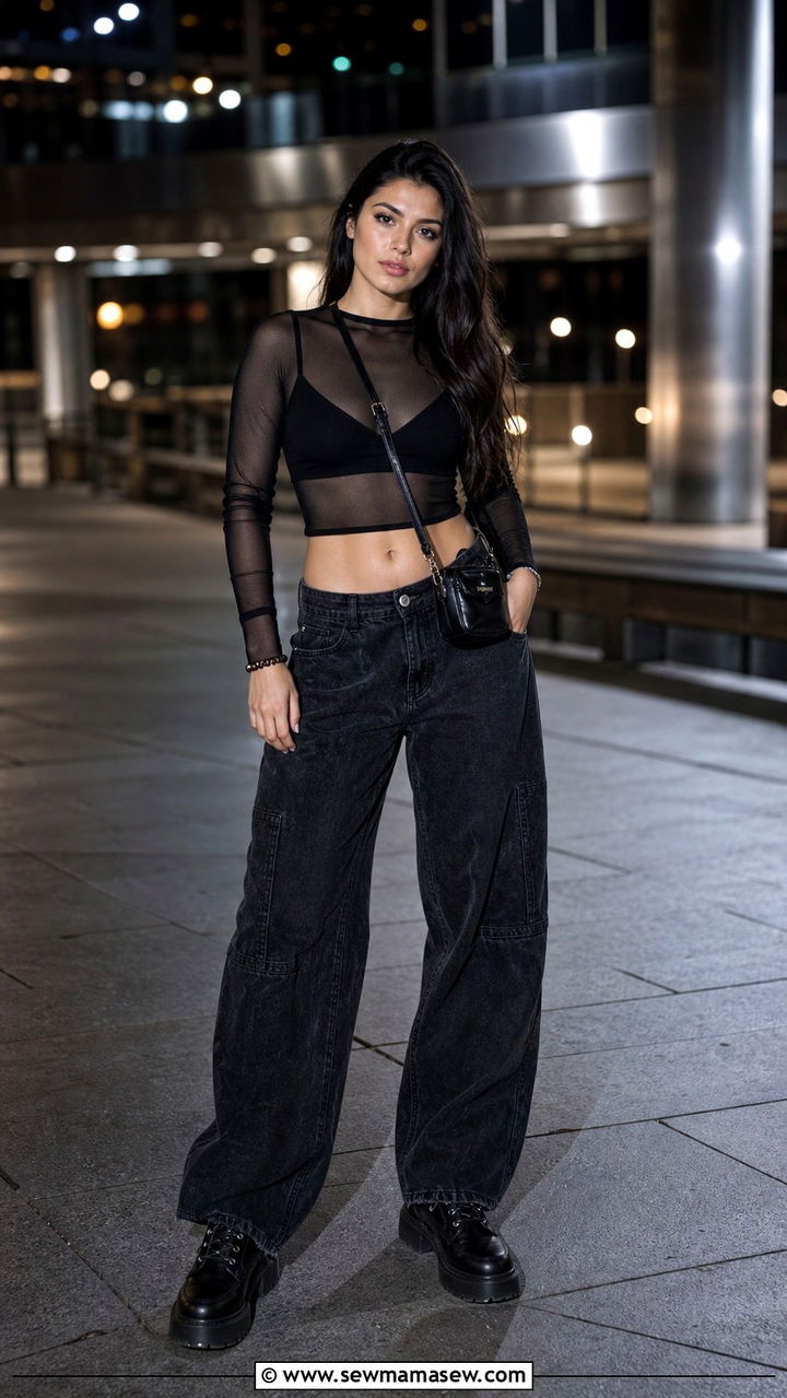 Mesh Long Sleeve and Black Baggy Jeans Summer Look - 40 Streetwear summer outfits