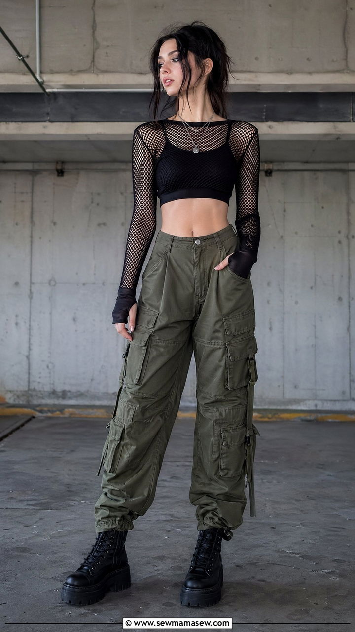 Mesh Long Sleeve with Cargo Pants - 35 E-girl outfit ideas