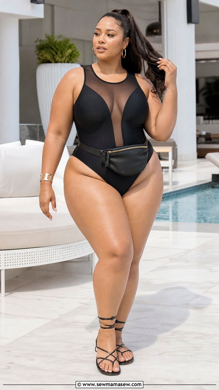 Mesh Panel One Piece Swimsuit With Strappy Sandals - 30 Plus size swimsuit outfit ideas