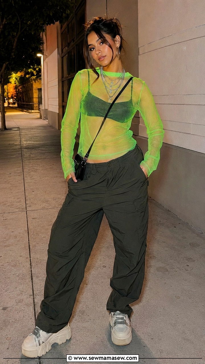 Mesh Top Layered Over Cami with Cargo Pants Outfit - 30 casual y2k outfits