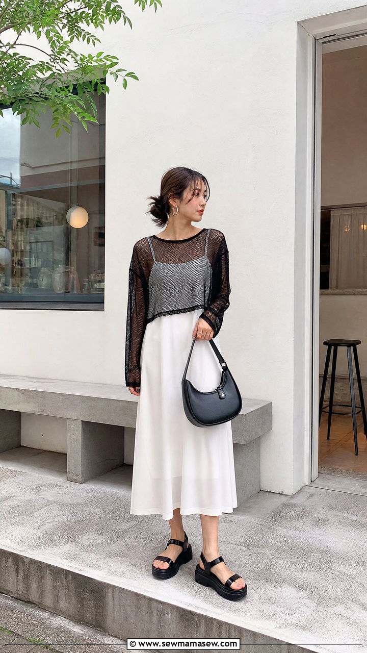 Mesh Top Layered Over a Cami Dress Outfit - 40 Summer Japan outfit ideas