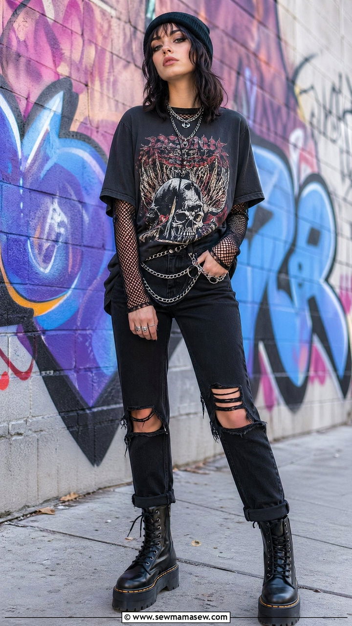 Mesh Top Layered Under Graphic Tee Outfit - 35 Edgy outfit ideas