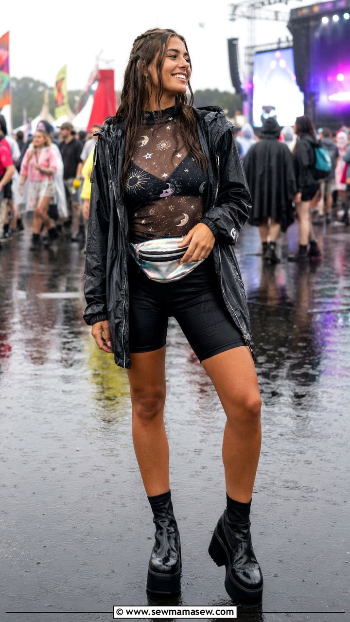 Mesh Top Layered Under Waterproof Shell and Biker Shorts - 25 Rainy festival outfit ideas