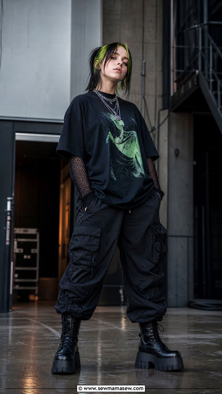 Mesh Top Under Oversized Tee With Cargo Pants - 35 Billie Eilish concert outfit ideas