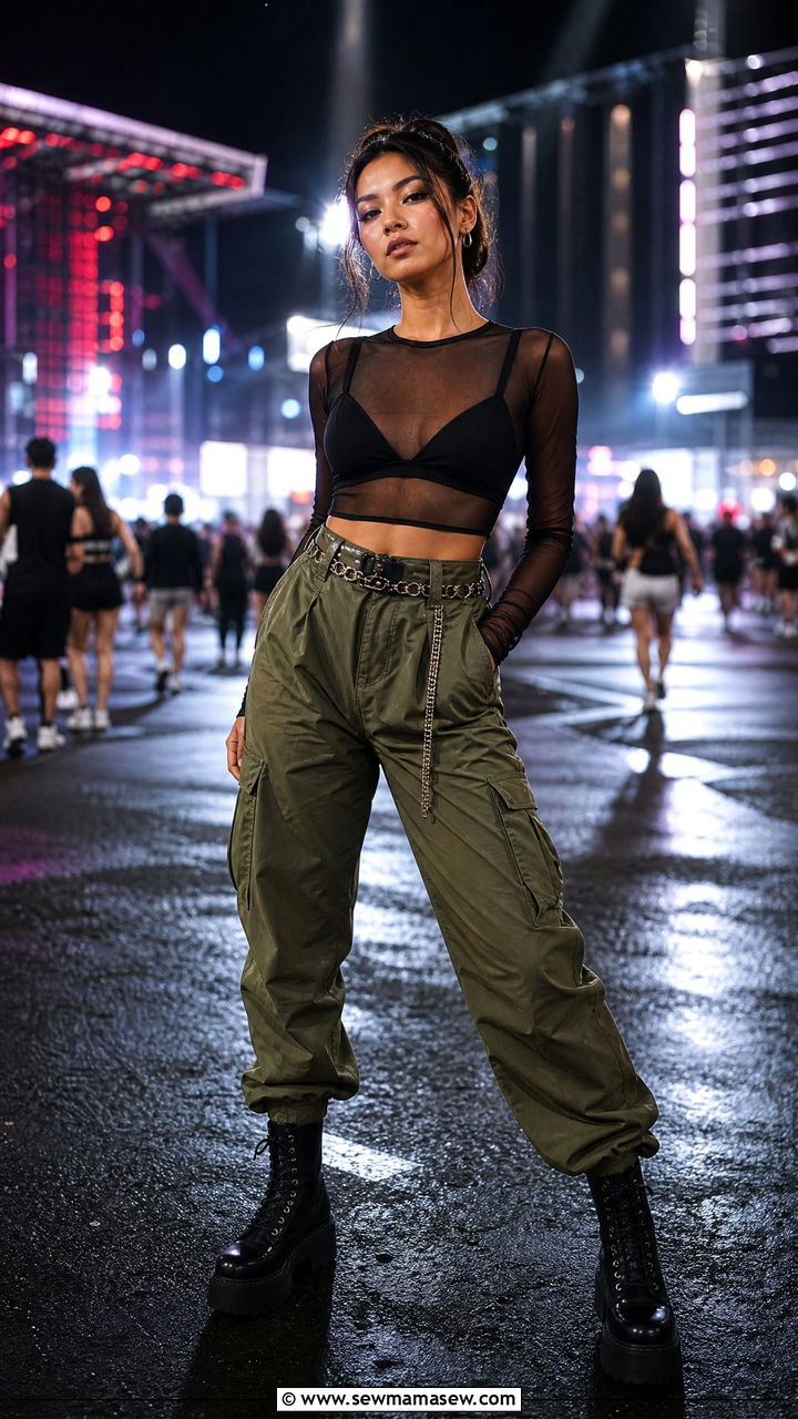 Mesh Top With Bralette And Cargo Pants - 30 summer music festival outfit ideas