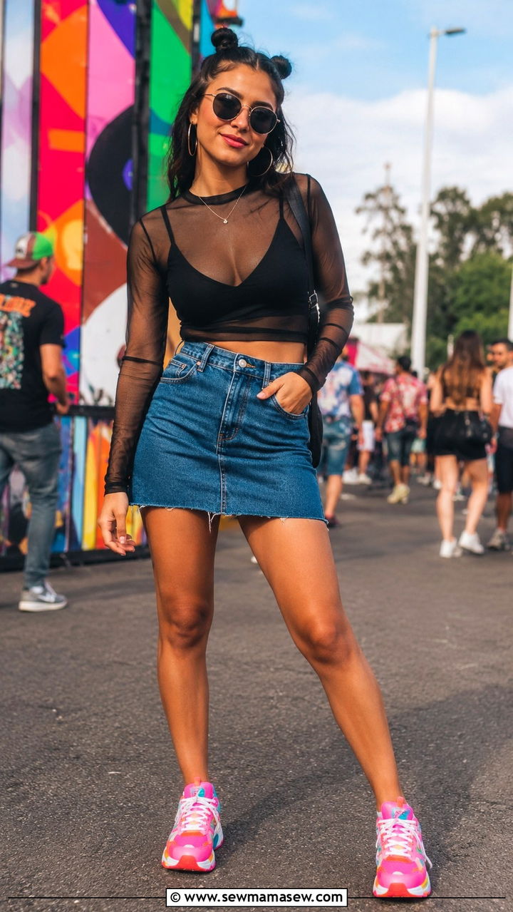 Mesh Top With Denim Skirt And Colorful Sneakers - 30 Denim skirt outfit ideas with sneakers