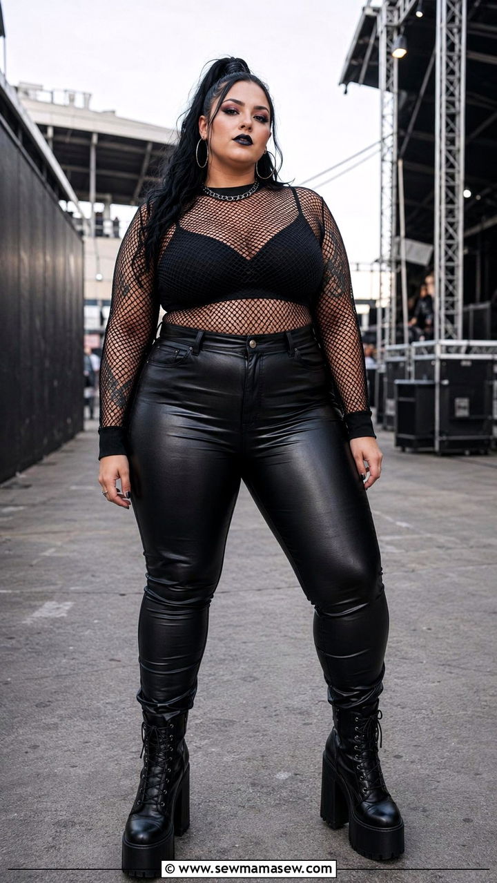 Mesh Top With High Waisted Leather Pants And Platform Boots - 30 Plus size concert outfit ideas