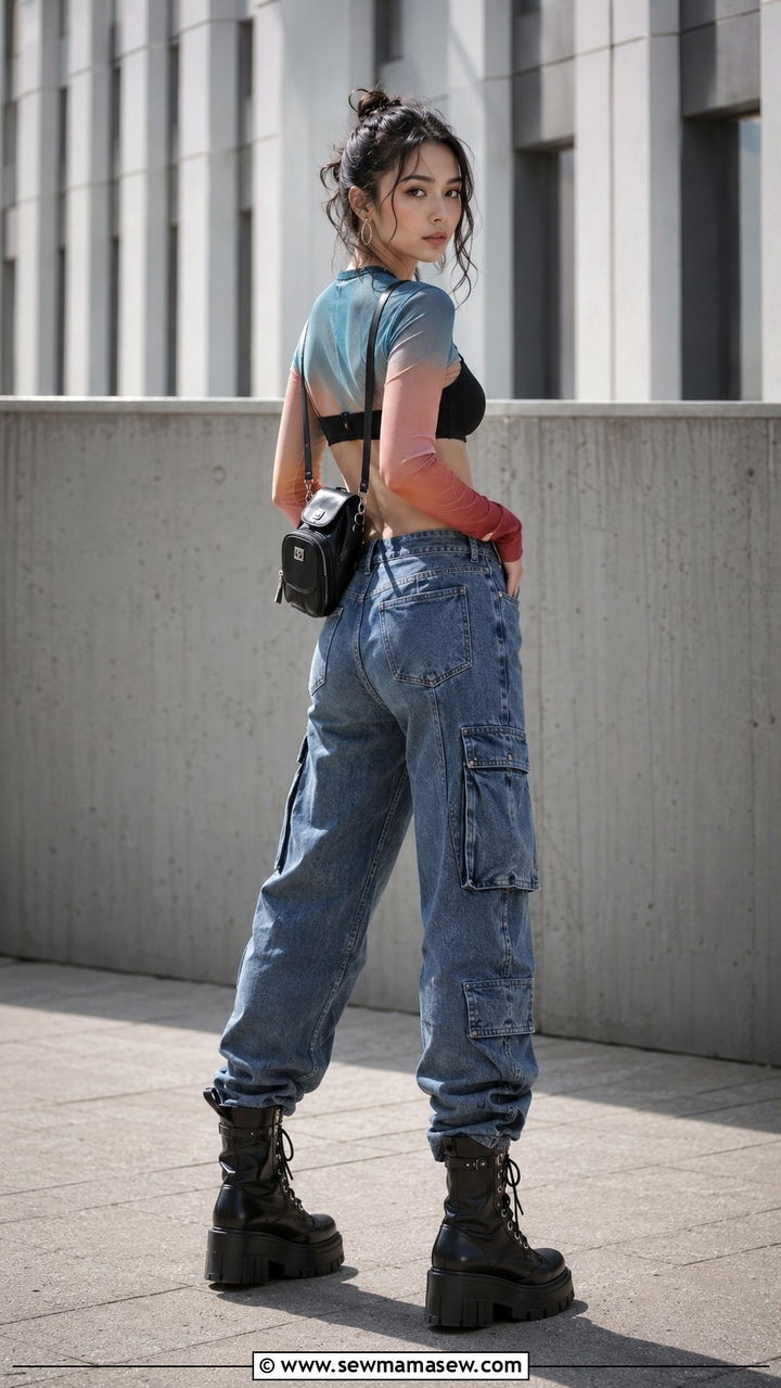 Mesh Top and Cargo Jeans Outfit - 30 spring y2k outfit ideas