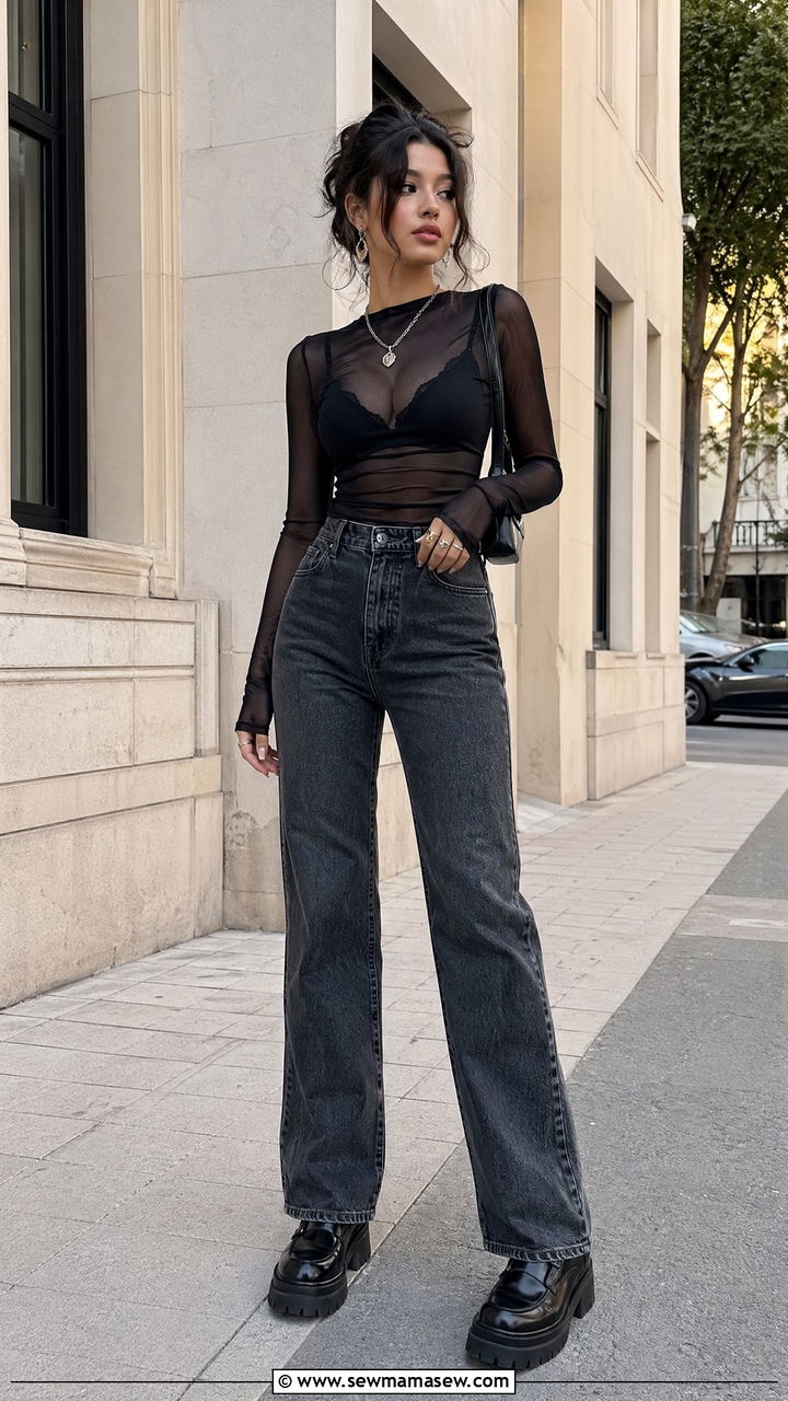 Mesh Top and High Waisted Jeans - 35 E-girl outfit ideas