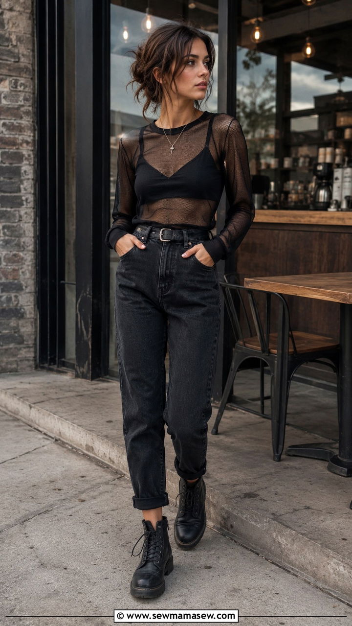 Mesh Top and Mom Jeans Grunge Outfit - 20 grunge capsule wardrobe outfits