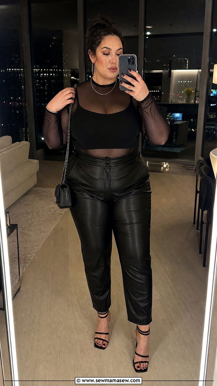 Mesh Top with Faux Leather Pants - 30 Cute outfits for plus size