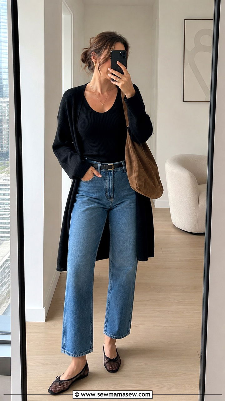 Mesh ballet flats with straight leg jeans and a ribbed knit tank - 30 Straight leg jeans outfit ideas with flats