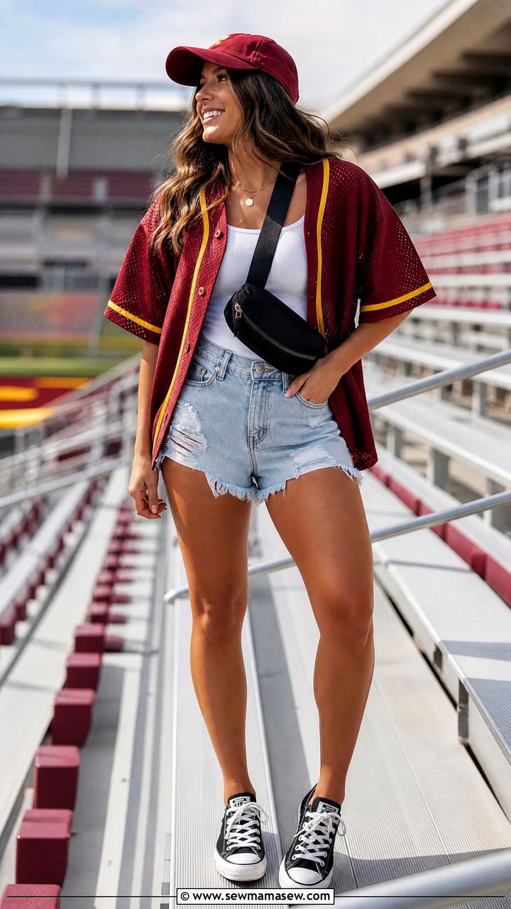 Mesh jersey outfit with jean shorts - 25 Gameday outfit ideas HBCU