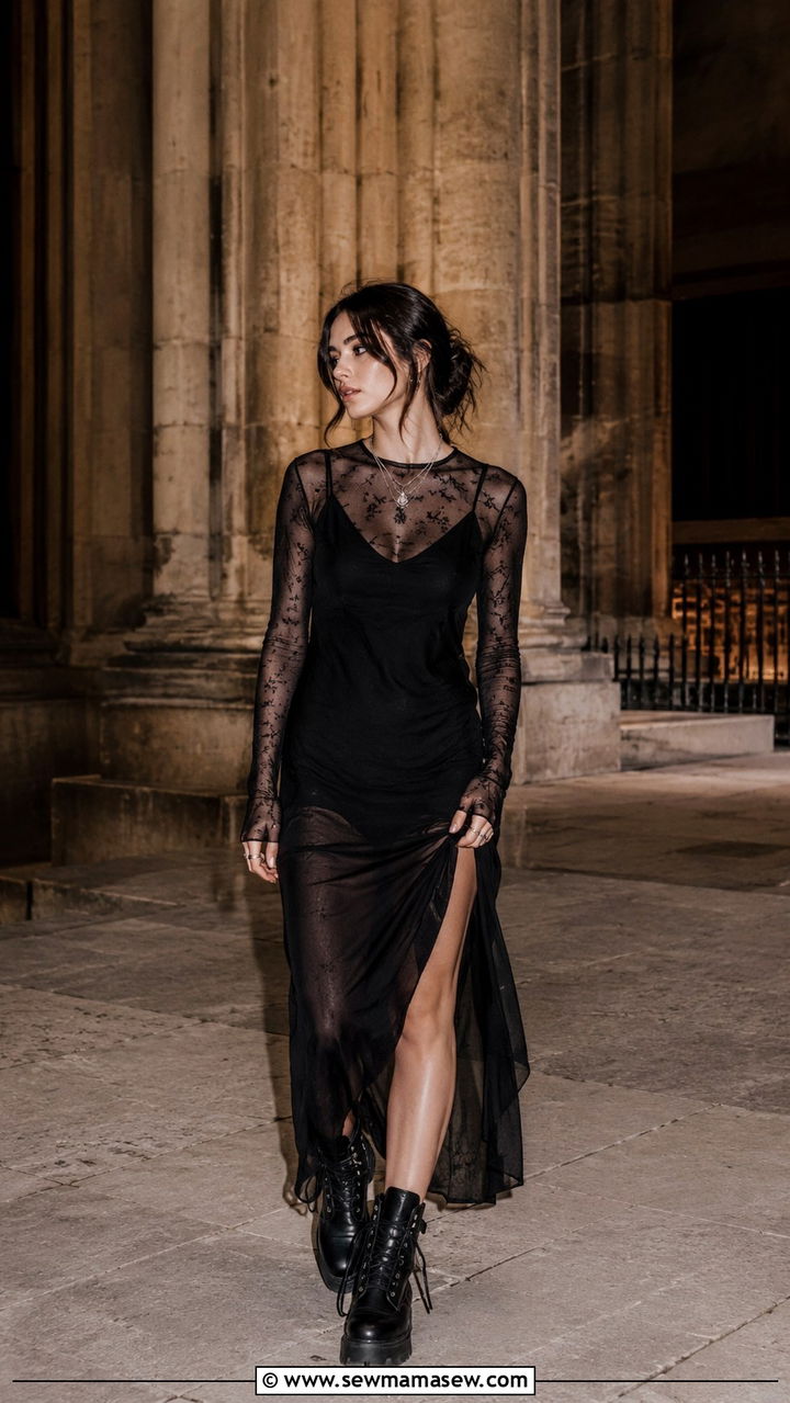 Mesh long sleeve layering top with slip dress and combat boots - 30 grunge outfits to copy