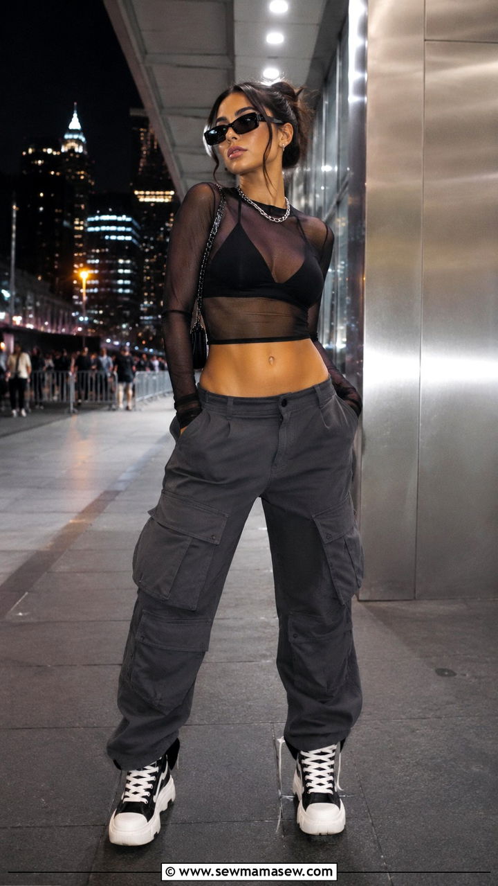 Mesh top and bralette with cargo pants - 30 cute summer concert outfits
