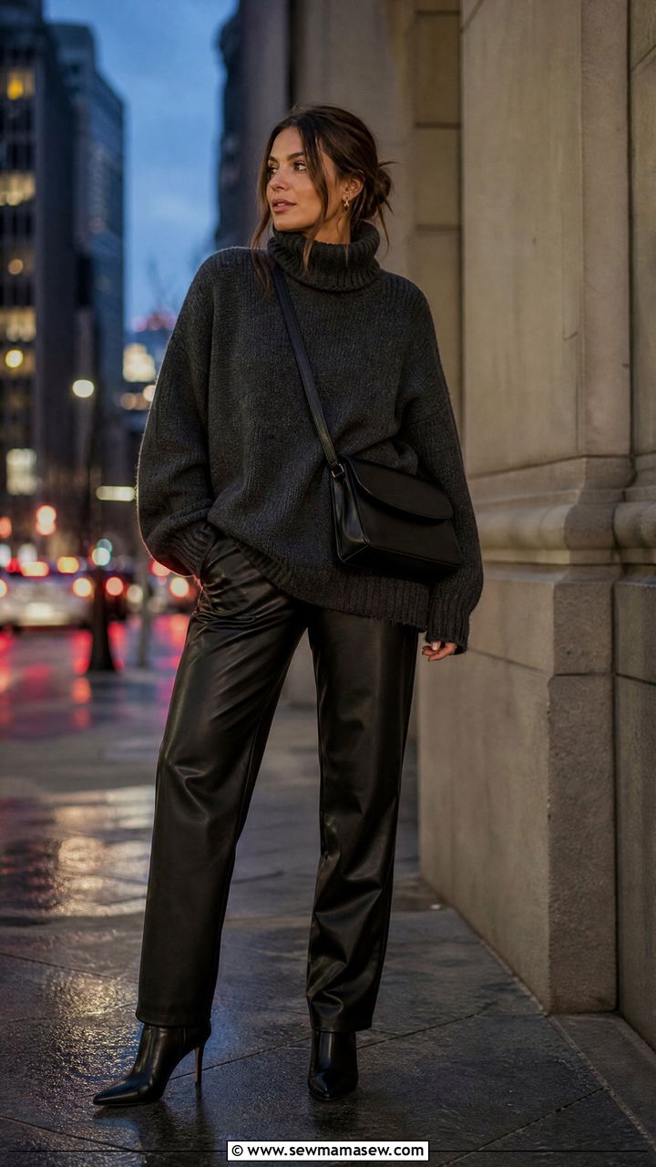 Messenger Bag With Chunky Knit And Leather Pants - 30 Messenger bag outfit ideas