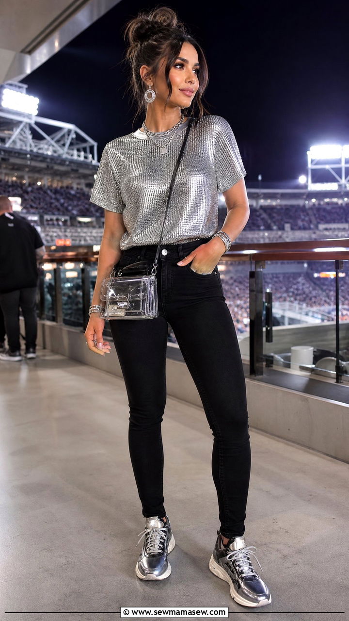 Metallic Accent Top With Black Skinny Jeans And Statement Sneakers - 35 Gameday outfit ideas 2026