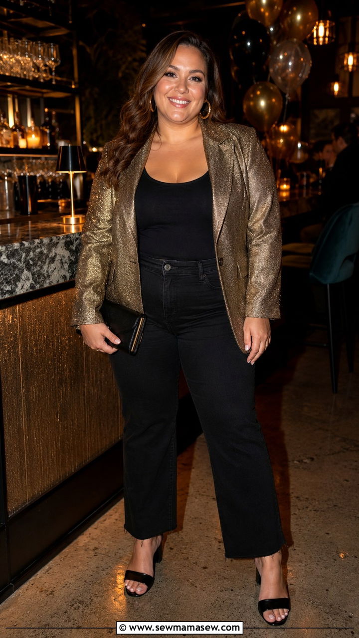 Metallic Blazer With Black Straight Leg Jeans - 30 Plus size outfit ideas with blazer