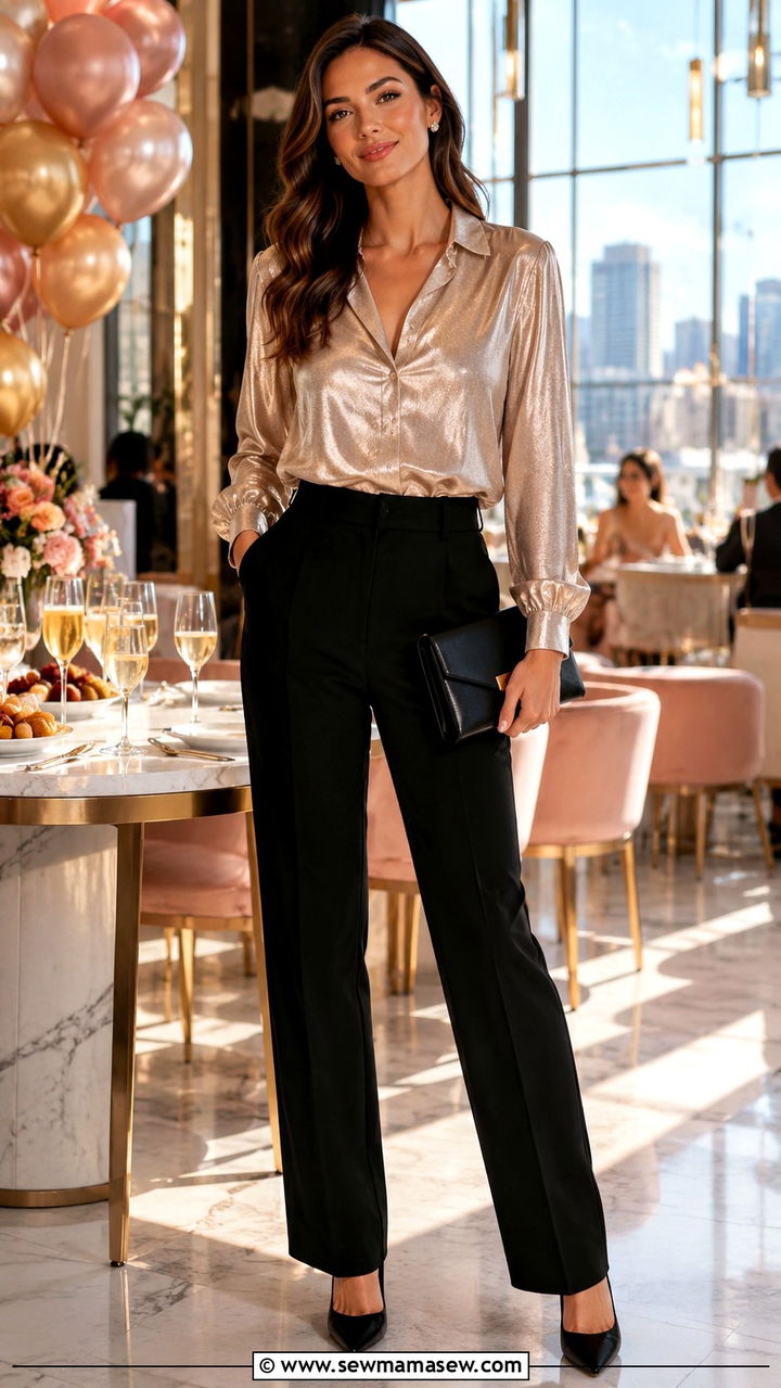 Metallic Blouse and Black Trousers Vegas Brunch Outfit - 30 Vegas brunch outfit ideas