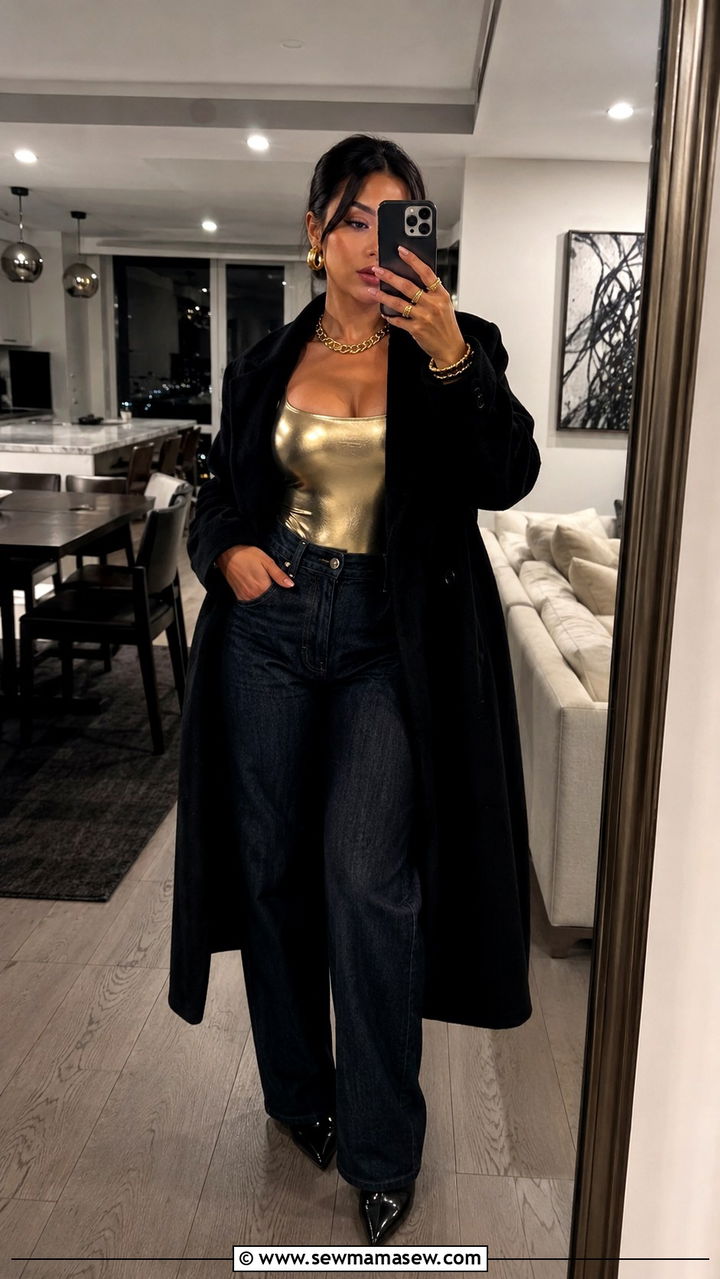 Metallic Bodysuit With Dark Denim And Statement Gold Jewelry - 30 Mob wife outfits 2026