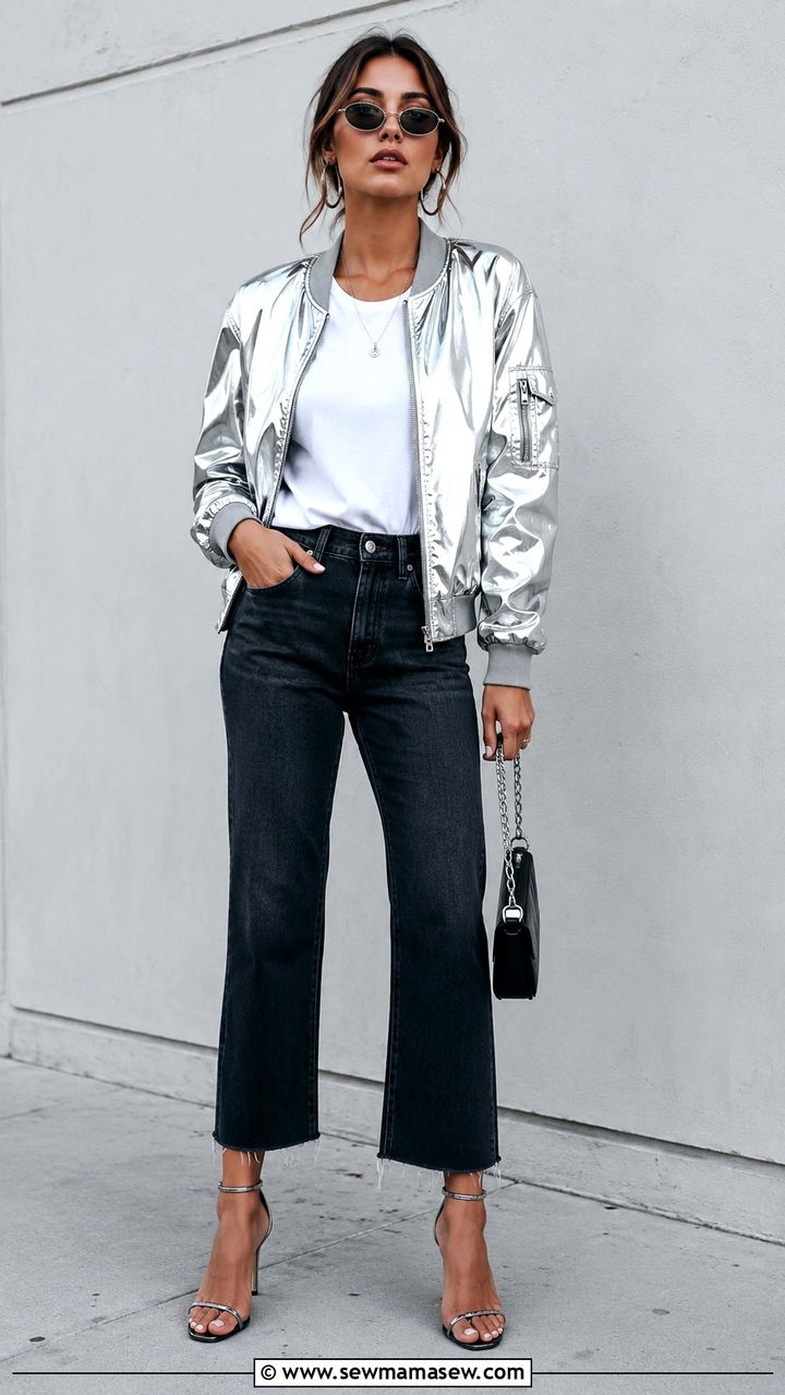 Metallic Bomber with Straight Leg Jeans and Heeled Sandals - 30 How to style a bomber jacket