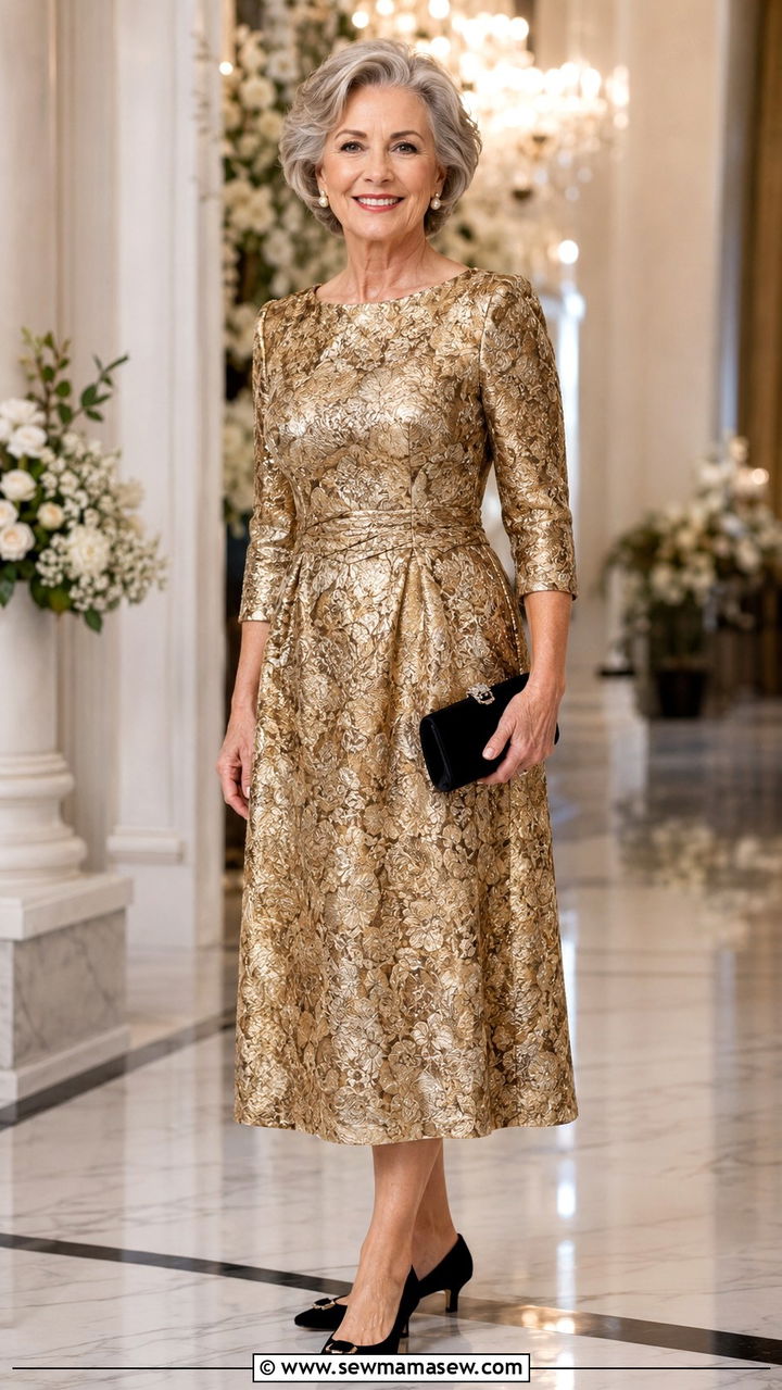 Metallic Brocade Dress With LowHeel Pumps - 20 Wedding guest outfit ideas for 70 year old