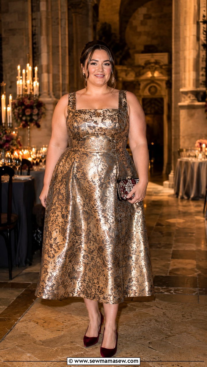 Metallic Brocade Dress With Velvet Pumps - 30 Plus size outfit ideas for wedding guest