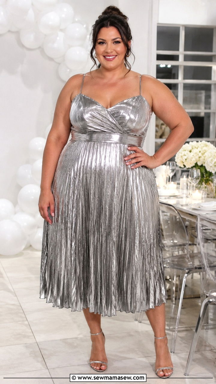Metallic Foil Pleated Dress with Simple Sandals - 30 Plus size birthday outfit ideas