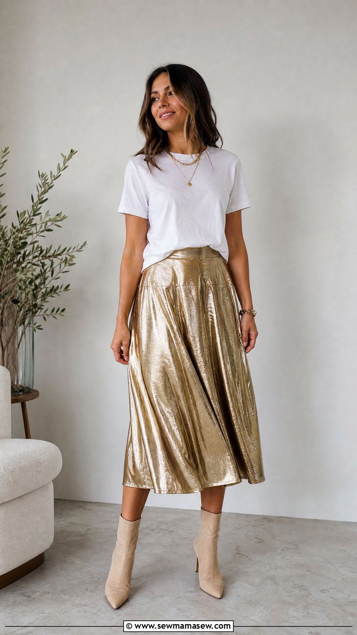Metallic Gold Midi Skirt With A Simple White Tee And Heeled Boots - 25 Hanukkah outfit ideas