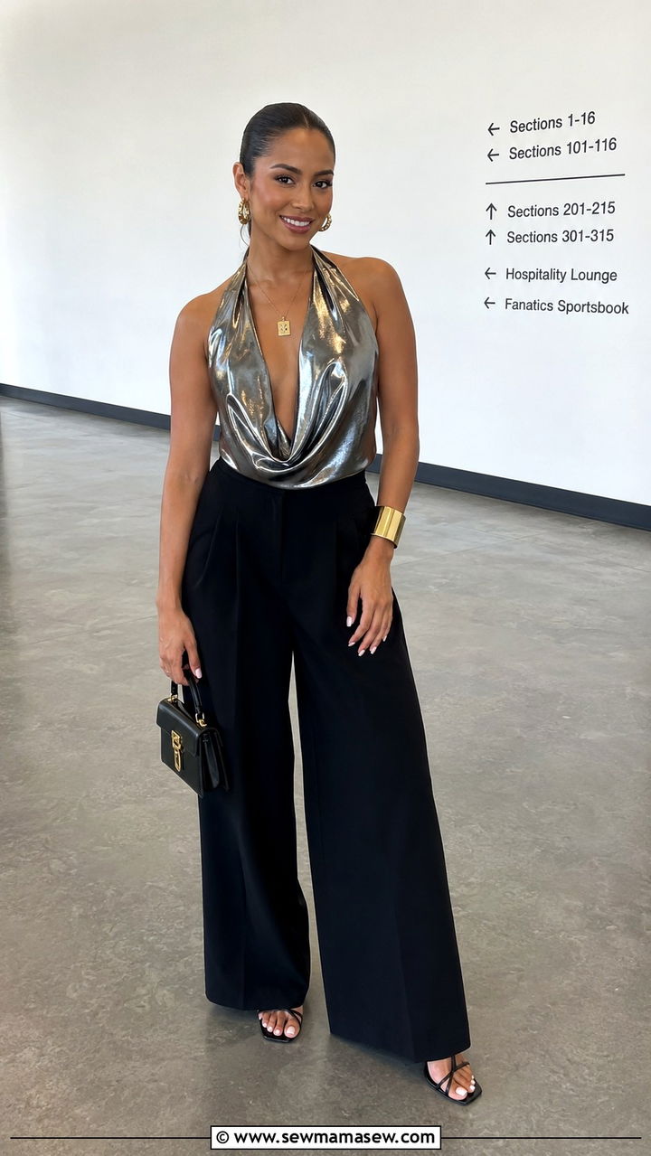 Metallic Halter Top with Wide Leg Pants Rap Concert - 25 Rap concert outfit ideas