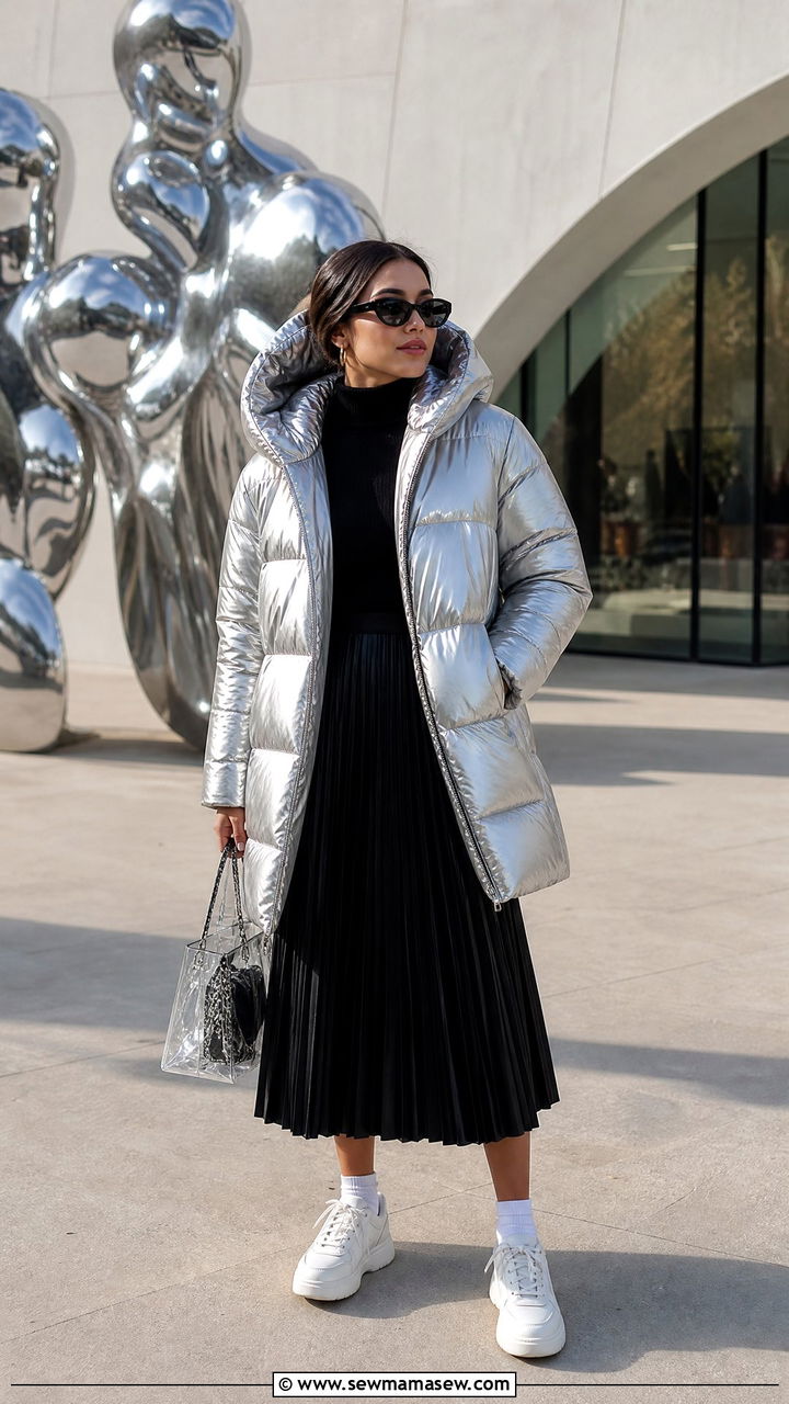 Metallic Hooded Puffer Coat With Pleated Midi Skirt And Chunky Sneakers - 35 Hooded coat outfit ideas