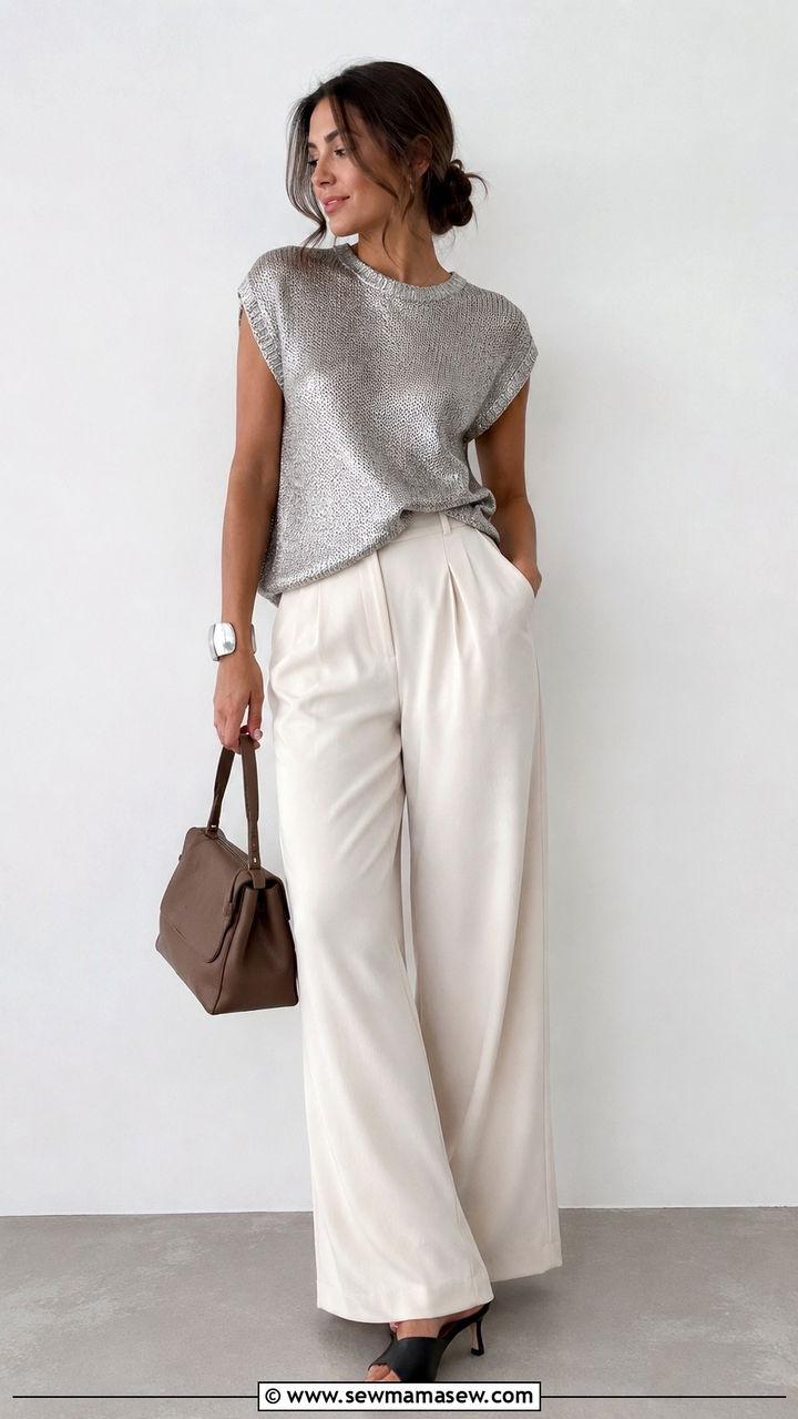 Metallic Knit Top With Wide Leg Trousers And Mules Outfit - 30 casual glamoratti outfits