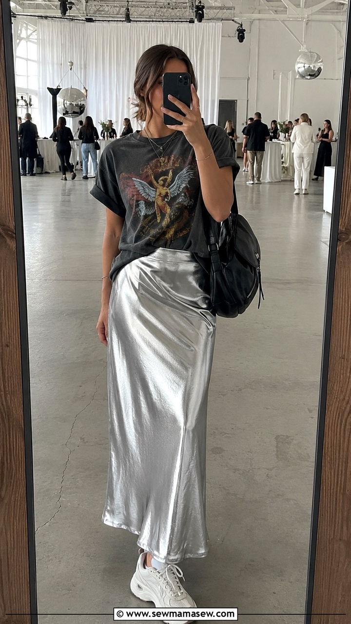 Metallic Maxi Skirt With Graphic Tee and Dad Shoes - 30 Maxi skirt outfit ideas with sneakers