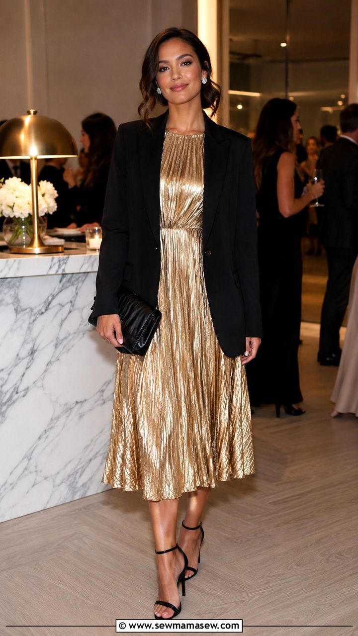 Metallic Midi Dress With Black Blazer - 30 Midi dress outfit ideas with a blazer