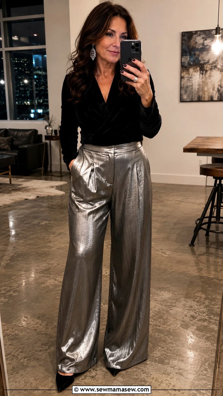 Metallic Pewter Palazzo Pants and a Black Velvet Top - 25 palazzo pants outfits for women over 40