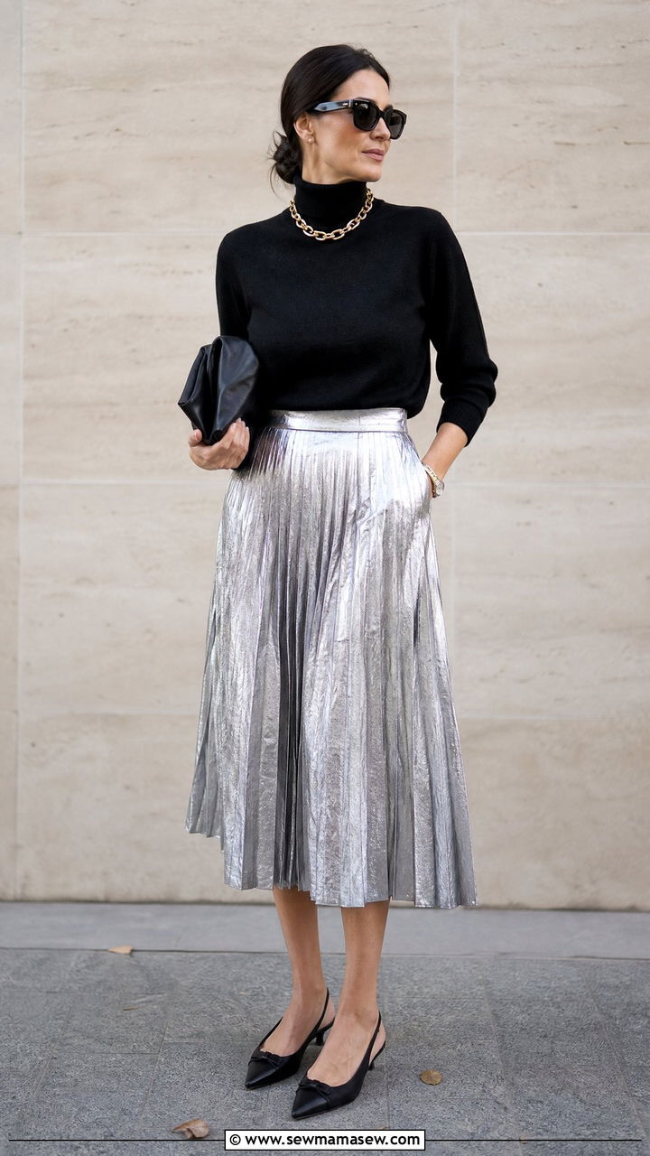 Metallic Pleated Midi Skirt With Black Turtleneck Outfit - 25 classy glamoratti outfits