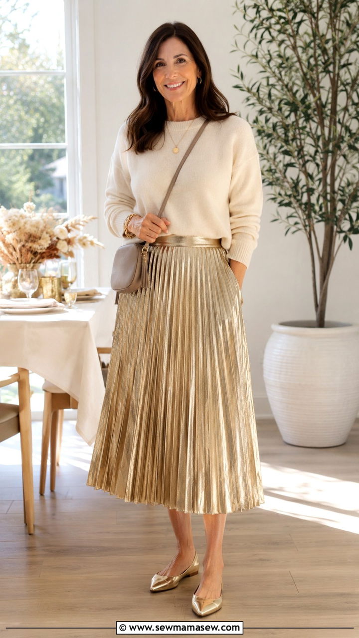 Metallic Pleated Midi Skirt With Cashmere Sweater - 30 Party outfits for women over 40