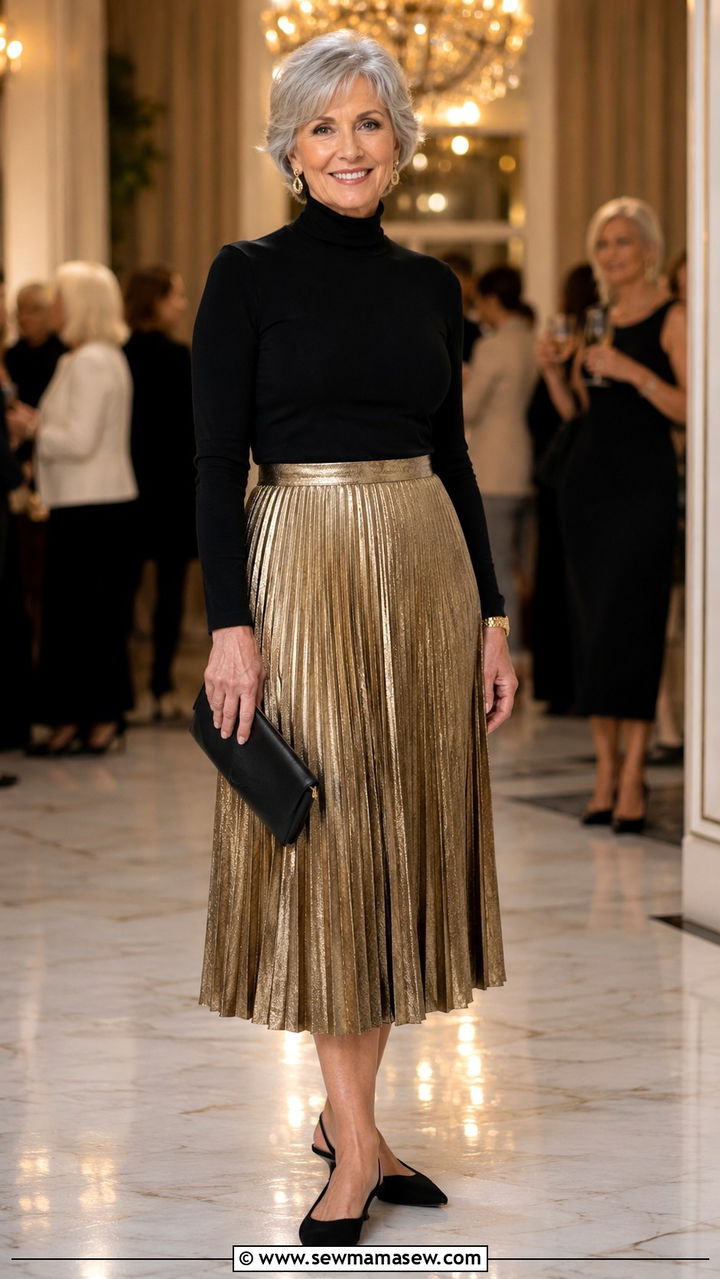 Metallic Pleated Midi Skirt With Turtleneck - 30 Party outfits for women over 60