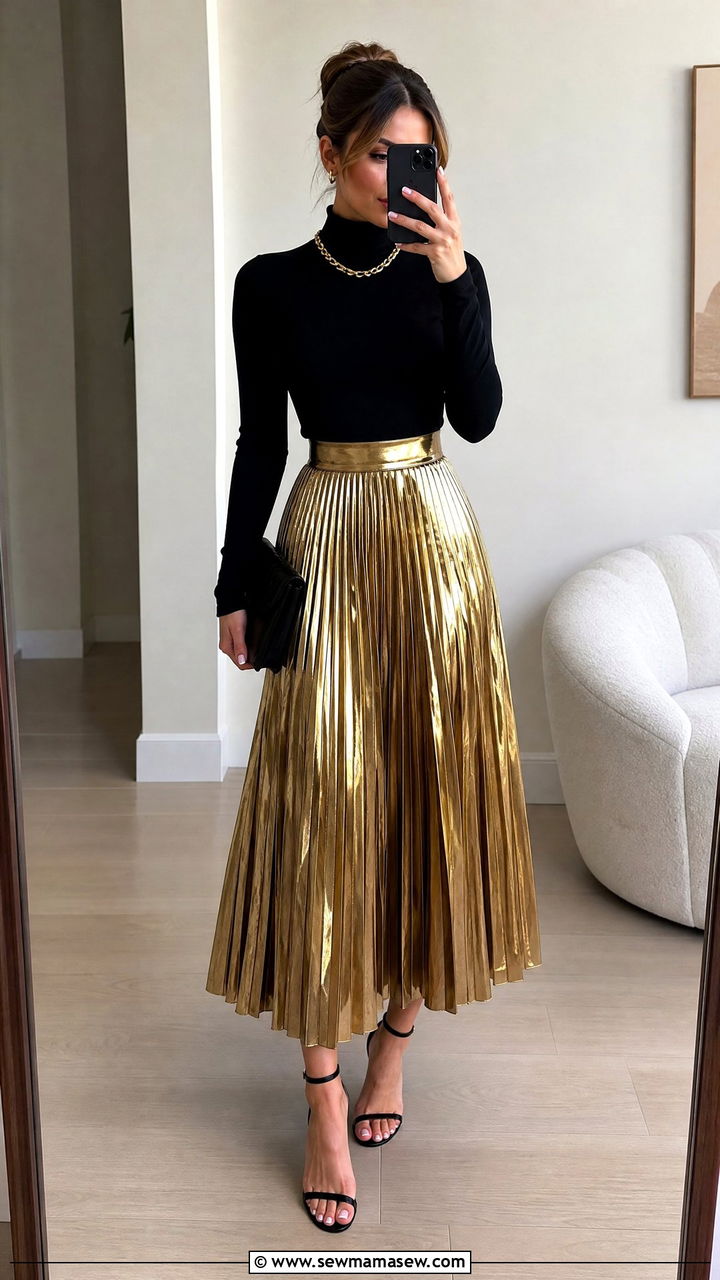 Metallic Pleated Midi Skirt with Black Turtleneck - 25 Glamoratti outfit ideas 2026