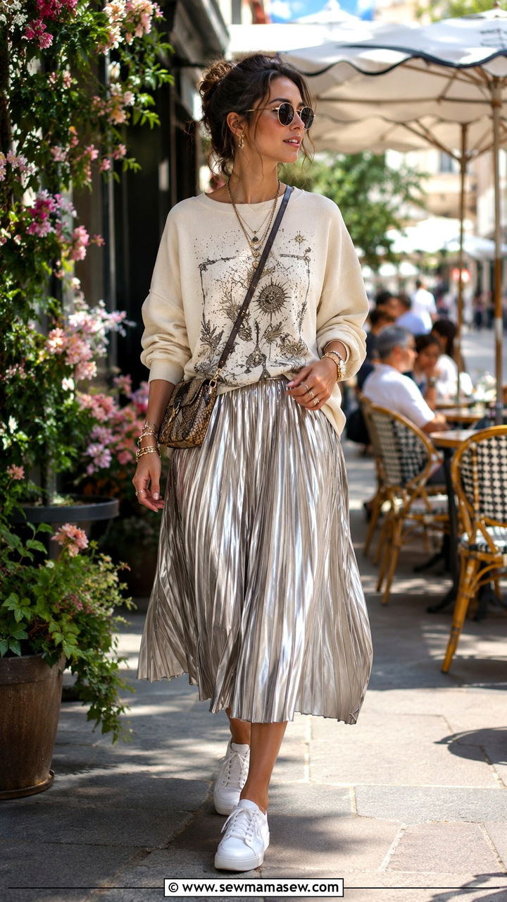 Metallic Pleated Skirt Daytime Maximalist Outfit - 20 cute maximalist outfits