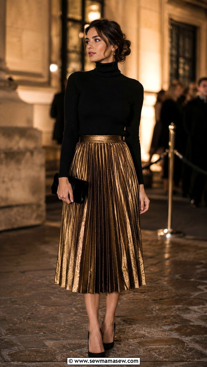Metallic Pleated Skirt With A Black Turtleneck - 30 classy parisian outfit ideas