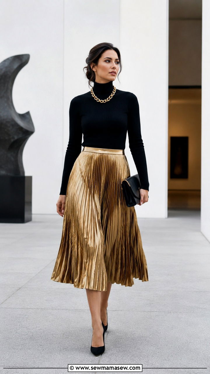 Metallic Pleated Skirt With Black Turtleneck - 25 Opera aesthetic outfit ideas
