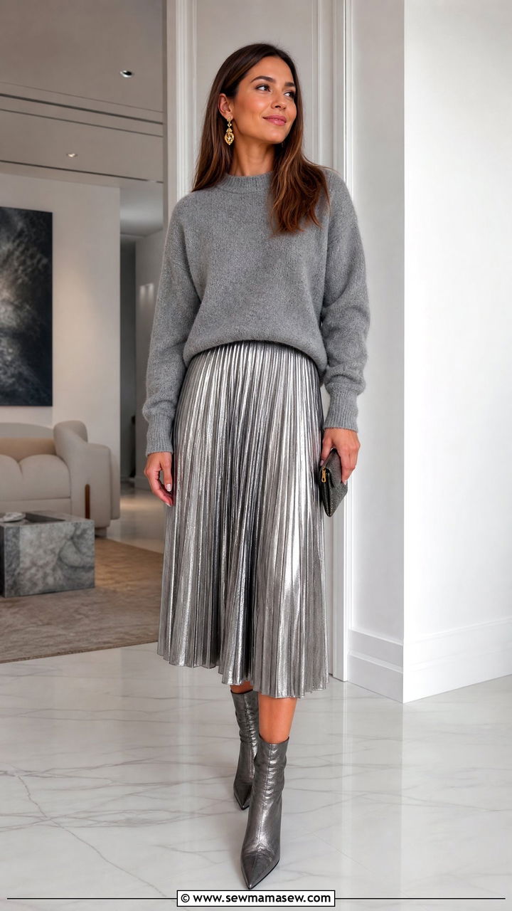 Metallic Pleated Skirt With Cashmere Sweater Outfit - 25 Launch party outfit ideas