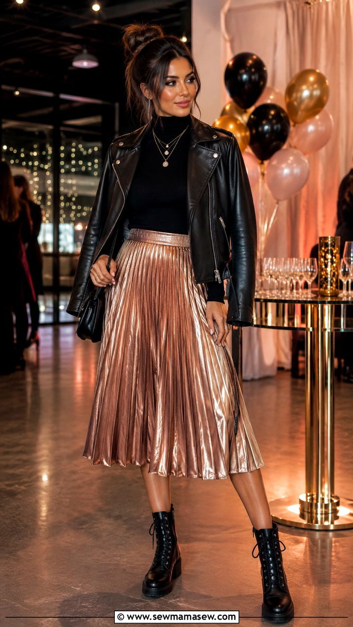 Metallic Pleated Skirt With Combat Boots Party - 30 Pleated skirt outfit ideas with boots