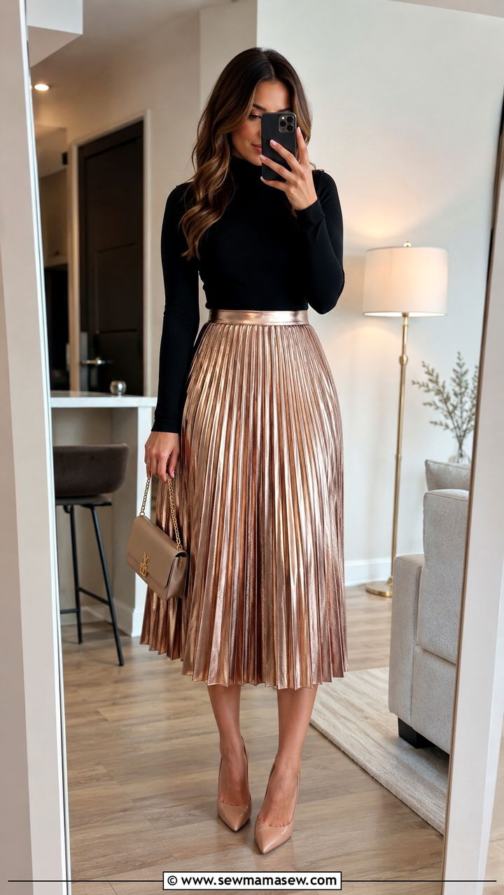 Metallic Pleated Skirt With Simple Top - 30 chic dinner outfits for women
