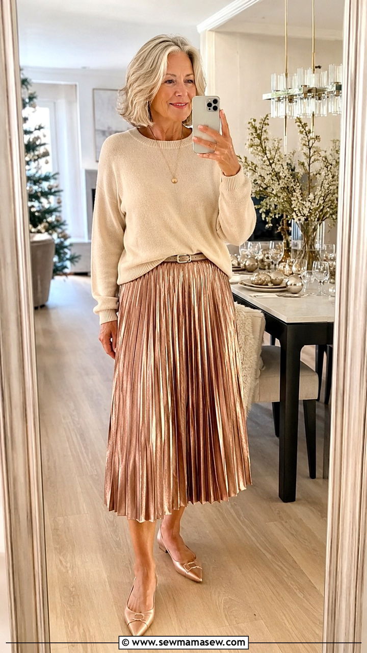 Metallic Pleated Skirt With Sweater Party Look - 30 Party outfits for women over 50